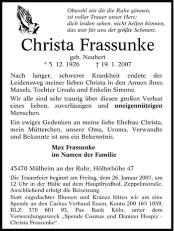 Traueranzeige von Christa Frassunke von Tageszeitung
