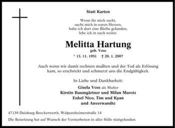 Traueranzeige von Melitta Hartung von Tageszeitung