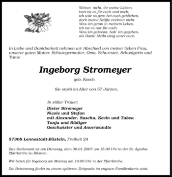 Traueranzeige von Ingeborg Stromeyer von Tageszeitung