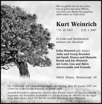 Traueranzeige von Kurt Weinrich von Tageszeitung