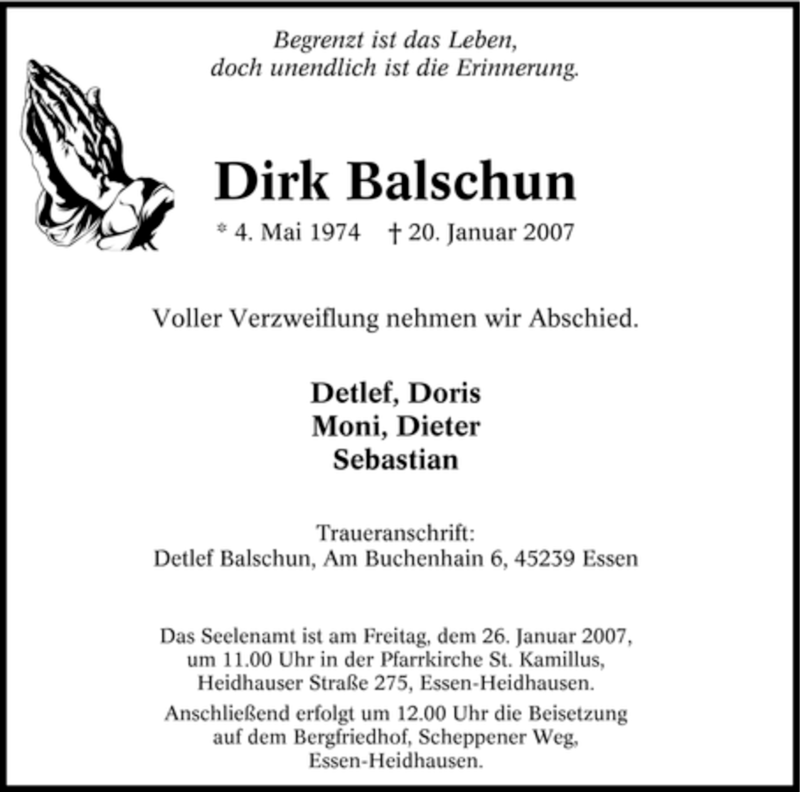  Traueranzeige für Dirk Balschun vom 25.01.2007 aus Tageszeitung