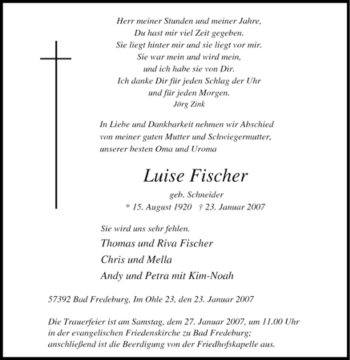 Traueranzeige von Luise Fischer von Tageszeitung