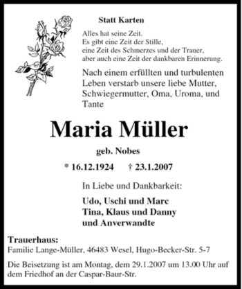 Traueranzeige von Maria Müller von Tageszeitung