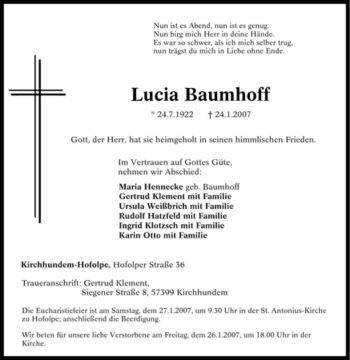 Traueranzeige von Lucia Baumhoff von Tageszeitung