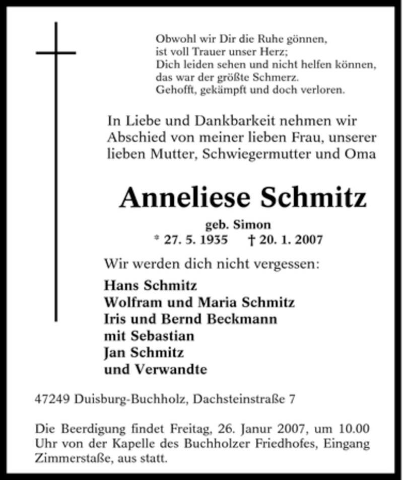  Traueranzeige für Anneliese Schmitz vom 25.01.2007 aus Tageszeitung