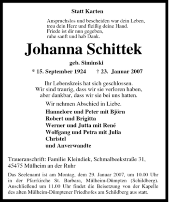 Traueranzeige von Johanna Schittek von Tageszeitung