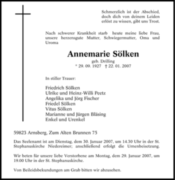 Traueranzeige von Annemarie Sölken von Tageszeitung