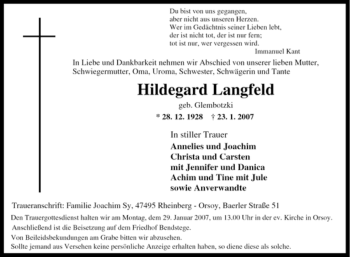 Traueranzeige von Hildegard Langfeld von Tageszeitung