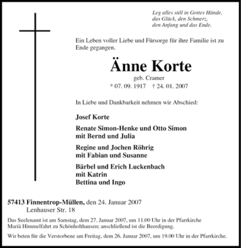  Traueranzeige für Änne Korte vom 25.01.2007 aus Tageszeitung