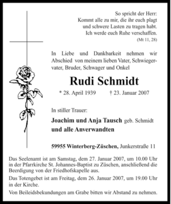 Traueranzeige von Rudi Schmidt von Tageszeitung