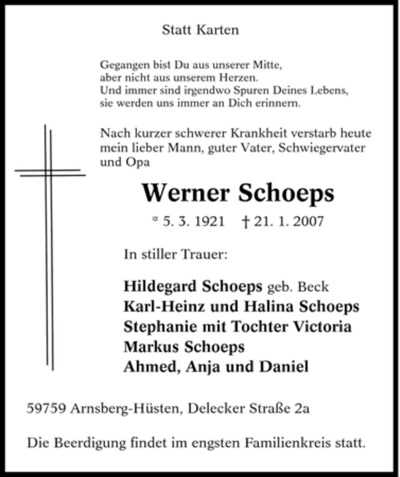  Traueranzeige für Werner Schoeps vom 25.01.2007 aus Tageszeitung