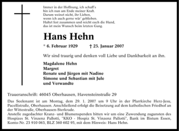 Traueranzeige von Hans Hehn von Tageszeitung