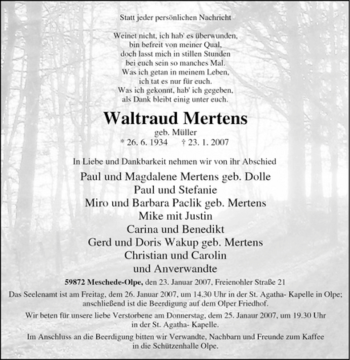 Traueranzeige von Waltraud Mertens von Tageszeitung