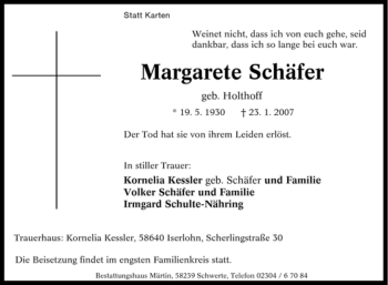 Traueranzeige von Margarete Schäfer von Tageszeitung