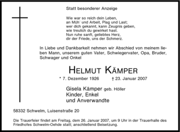 Traueranzeige von Helmut Kämper von Tageszeitung