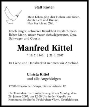 Traueranzeige von Manfred Kittel von Tageszeitung