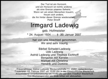 Traueranzeige von Irmgard Ladewig von Tageszeitung