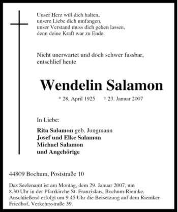 Traueranzeige von Wendelin Salamon von Tageszeitung