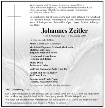 Traueranzeige von Johannes Zeitler von Tageszeitung