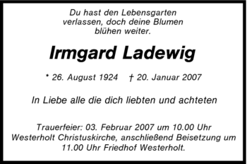 Traueranzeige von Irmgard Ladewig von Tageszeitung