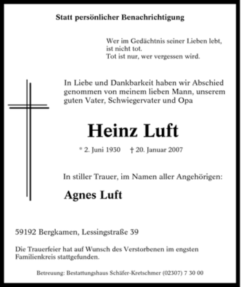 Traueranzeige von Heinz Luft von Tageszeitung
