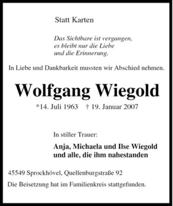 Traueranzeige von Wolfgang Wiegold von Tageszeitung
