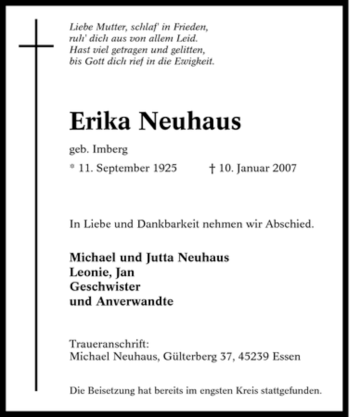 Traueranzeige von Erika Neuhaus von Tageszeitung