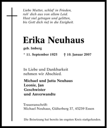 Traueranzeige von Erika Neuhaus von Tageszeitung
