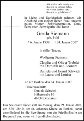 Traueranzeige von Gerda Siemann von Tageszeitung