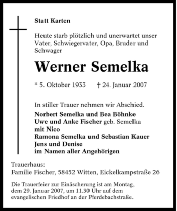 Traueranzeige von Werner Semelka von Tageszeitung