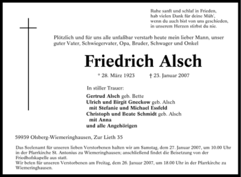 Traueranzeige von Friedrich Alsch von Tageszeitung