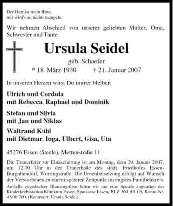 Traueranzeige von Ursula Seidel von Tageszeitung