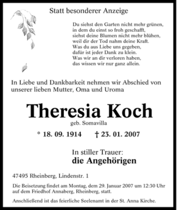 Traueranzeige von Theresia Koch von Tageszeitung