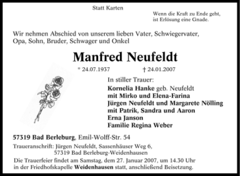 Traueranzeige von Manfred Neufeldt von Tageszeitung