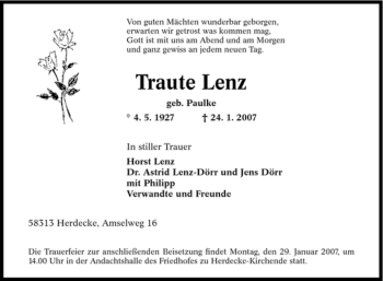 Traueranzeige von Traute Lenz von Tageszeitung