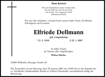 Traueranzeige von Elfriede Dellmann von Tageszeitung