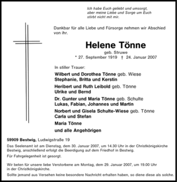 Traueranzeige von Helene Tönne von Tageszeitung