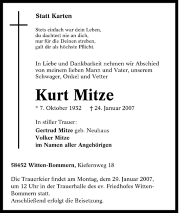 Traueranzeige von Kurt Mitze von Tageszeitung