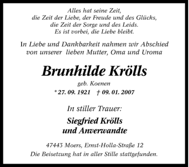  Traueranzeige für Brunhilde Krölls vom 27.01.2007 aus Tageszeitung