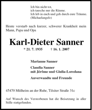 Traueranzeige von Karl-Dieter Sanner von Tageszeitung