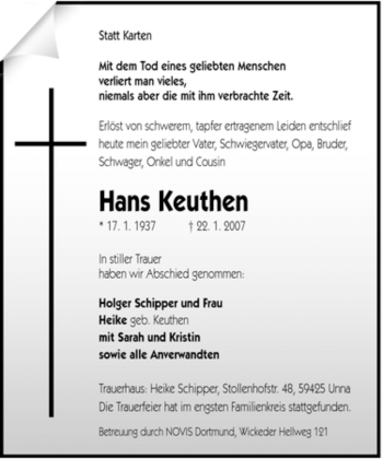 Traueranzeige von Hans Keuthen von Tageszeitung