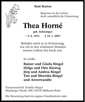 Traueranzeige von Thea Horne von Tageszeitung