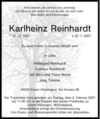 Traueranzeige von Karlheinz Reinhardt von Tageszeitung