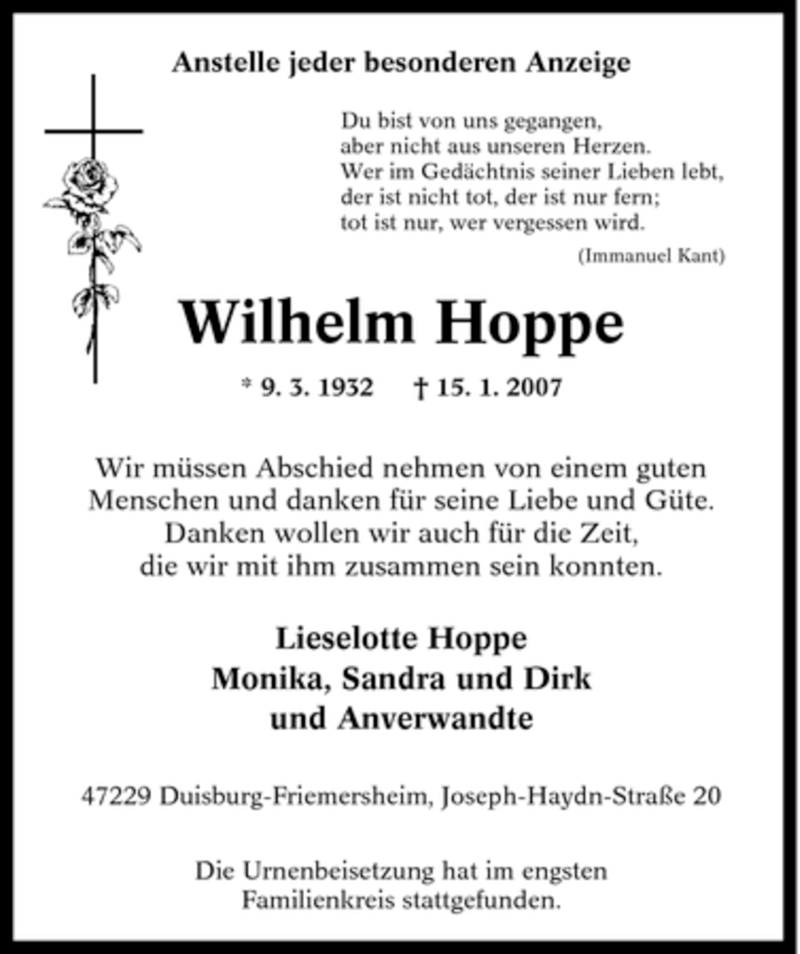 Traueranzeige für Wilhelm Hoppe vom 27.01.2007 aus Tageszeitung