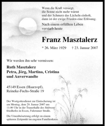 Traueranzeige von Franz Masztalerz von Tageszeitung