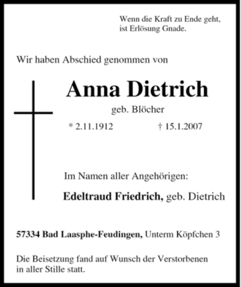 Traueranzeige von Anna Dietrich von Tageszeitung
