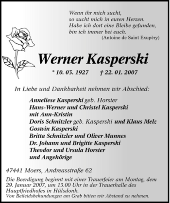 Traueranzeige von Werner Kasperski von Tageszeitung