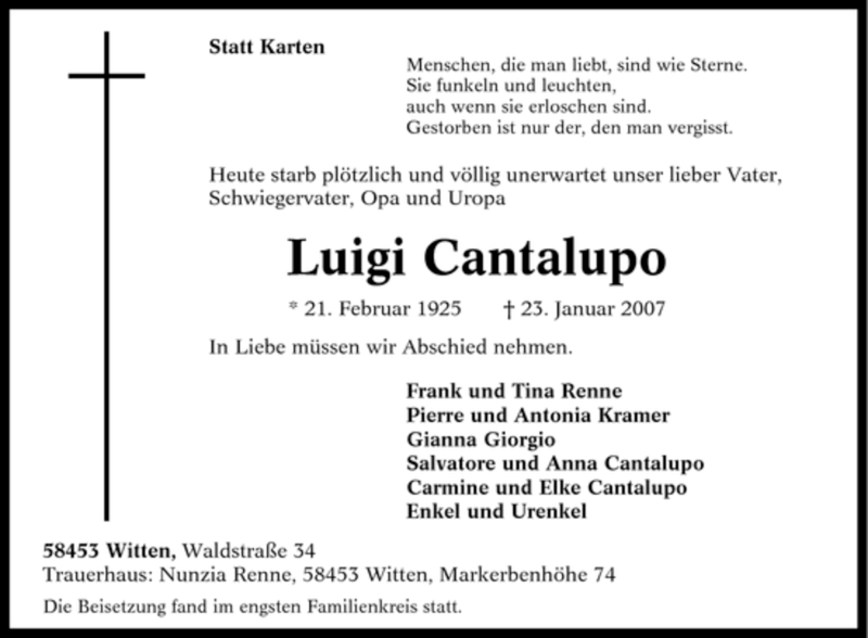  Traueranzeige für Luigi Cantalupo vom 27.01.2007 aus Tageszeitung