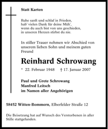 Traueranzeige von Reinhard Schrowang von Tageszeitung