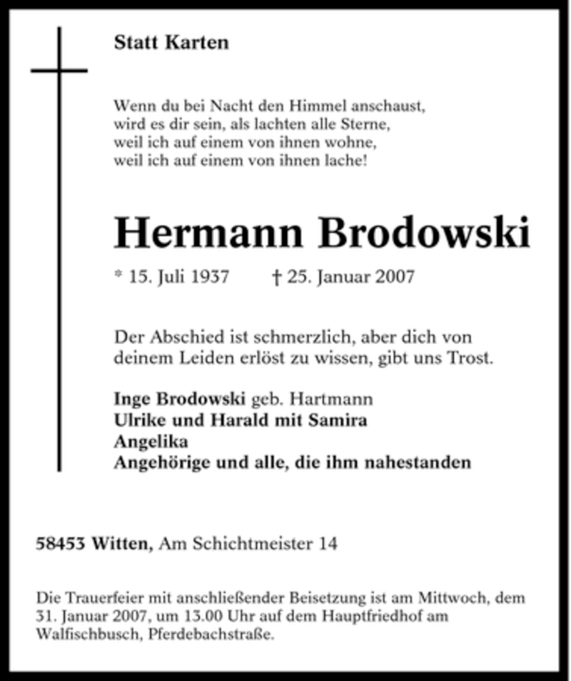  Traueranzeige für Hermann Brodowski vom 27.01.2007 aus Tageszeitung
